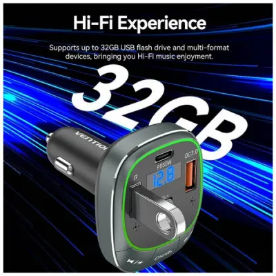 FM модулятор Vention PD 54W 3-Port USB (C+A+A) LED/USB Flash/Bluetooth, вольтметр (FFLB0)