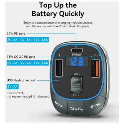 FM модулятор Vention PD 54W 3-Port USB (C+A+A) LED/USB Flash/Bluetooth, вольтметр (FFLB0)