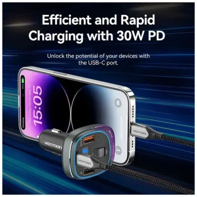 FM модулятор Vention PD 54W 3-Port USB (C+A+A) LED/USB Flash/Bluetooth, вольтметр (FFLB0)