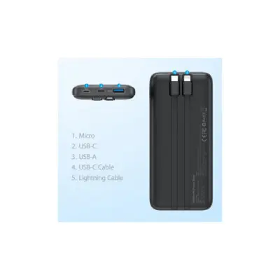 Батарея універсальна Choetech 10000mAh 22,5W, MicroUSB, USB-A, USB-C, build-in USB-C/Lightning cable (B654-BK)
