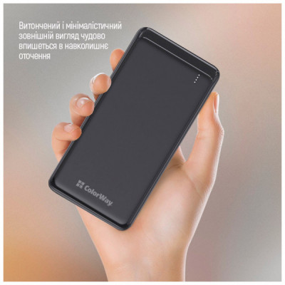 Батарея універсальна ColorWay 10 000 mAh Slim, Black (CW-PB100LPF2BK)