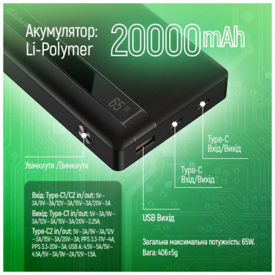 Батарея універсальна ColorWay 20 000 mAh PD/65W, QC/3.0, black (CW-PB200LPA3BK-PDD)