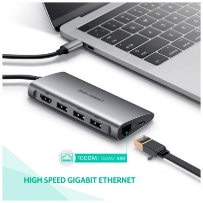 Концентратор Ugreen USB3.0 Type-C to USB 3.0x3/HDMI/RJ45/SDTF/PD CM121 (50538)