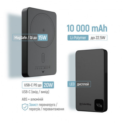 Батарея універсальна ColorWay 10 000 mAh PD/22.5W, 15W MagSafe Black (CW-PB100LPA1BK-WPDD)