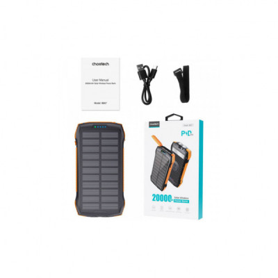 Батарея універсальна Choetech Wireless 20000mAh 20W, PD, QC/3.0, solar panel, Qi-5W, Black-Orange (B657-OR)