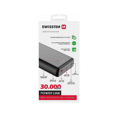 Батарея універсальна SWISSTEN 30000mAh PD/20W, QC/3.0, USB-C, Lightning, Micro-USB, 2*USB-A, +cable USB-C 3A, black (8595217479838)