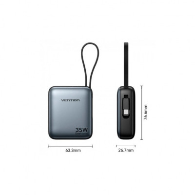 Батарея універсальна Vention 10000mAh 35W 3A PD, Type-C in/out, Built-in USB-C Cable, LED Display,Gray (FHEH0)
