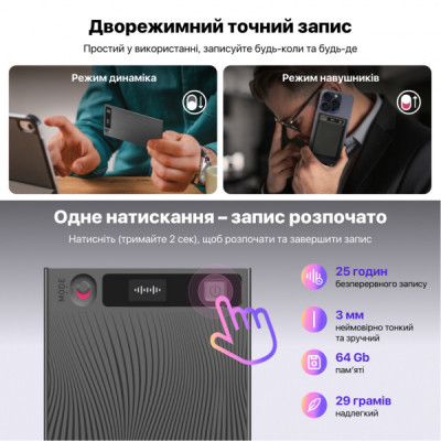 Цифровий диктофон Mobvoi TicNote with IA Shadow 64GB Black (NE-79)