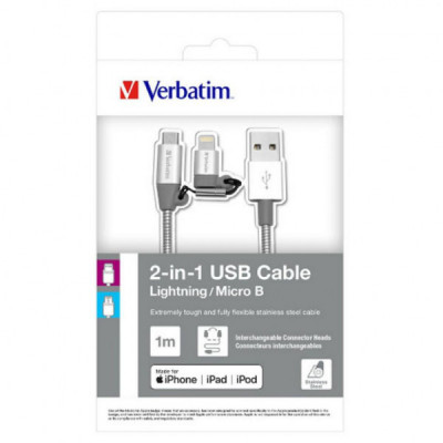 Дата кабель USB 2.0 AM to Lightning + Micro 5P 1.0m silver Verbatim (48869)