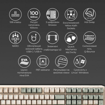 Клавіатура Ducky One 3 Cherry MX Red UA USB Cream (DKON2108-RUAPXМAEGGC1)