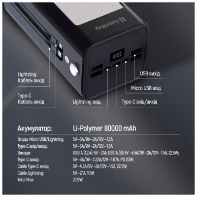 Батарея універсальна ColorWay 80 000 mAh LCD/Lamp (USB/QC3.0 + USB-C/PD/22.5W) Black (CW-PB800LPA8BK-PDD)