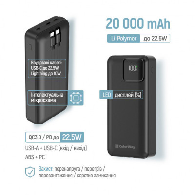Батарея універсальна ColorWay 20 000 mAh Optimal Power PD/22.5W, QC/3.0, Black (CW-PB200LPB5BK-PDD)