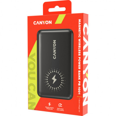 Батарея універсальна Canyon PB-1001 10000mAh, PD/18W, QC/3.0 +10W Magnet wireless charger, black (CNS-CPB1001B)