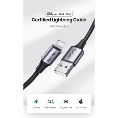 Дата кабель USB 2.0 AM to Lightning 2.0m US199 2.4A Black Ugreen (60158)