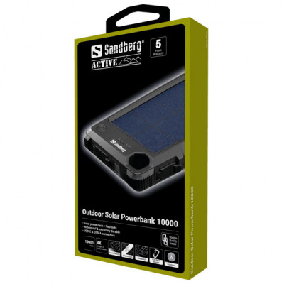 Батарея універсальна Sandberg 10000mAh, Outdoor IP66, Solar Panel 5V/300mA, USB-C, Micro-USB, USB-A, 5V/3A Max (420-53)