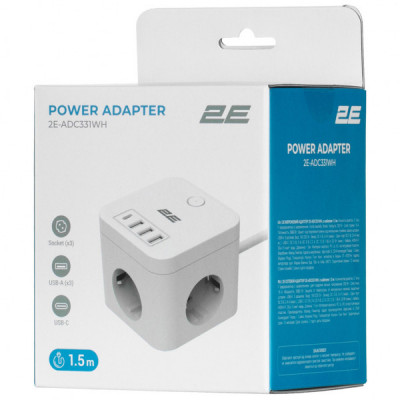 Мережевий фільтр живлення 2E 3*USB-A, 1*USB-C, 1.5м, white (2E-ADC331WH)