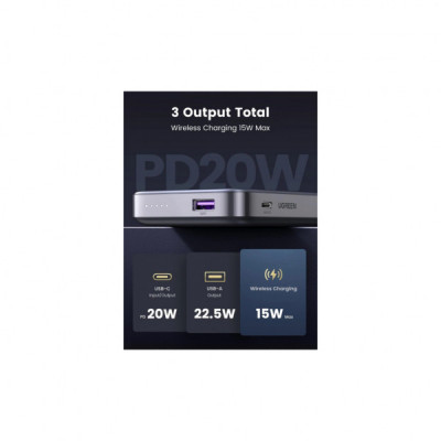Батарея універсальна Ugreen 10000 mAh 20W PD/3.0, QC/3.0, Magnetic Wireless, USB-A, USB-C In/Out (PB206) (15086)