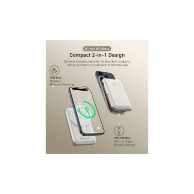Батарея універсальна Choetech Magnetic Wireless 10000mAh 20W, PD, Qi-15W, USB-C In/Out, buid-in cabel, White (B735-CCWH)
