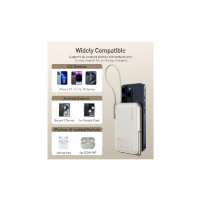 Батарея універсальна Choetech Magnetic Wireless 10000mAh 20W, PD, Qi-15W, USB-C In/Out, buid-in cabel, White (B735-CCWH)