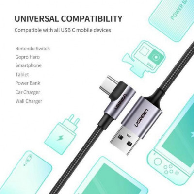 Дата кабель USB 2.0 AM to Type-C 1.0m US284 Angled Alum. Braid Black Ugreen (50941)