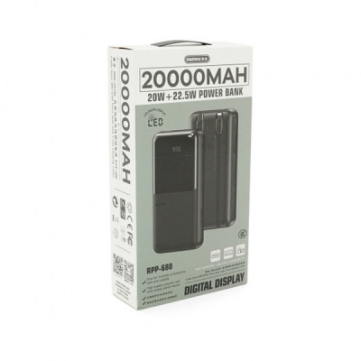 Батарея універсальна Remax 20000mAh, 22.5W, USB+Type-C+Lighting, Black (RPP-680)