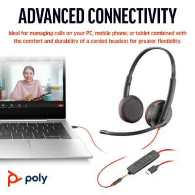 Навушники Poly BlackWire C3225 USB-C HS Stereo +3.5mm Plug +USB-C/A Adapter (Bulk) Black (8X229A6)