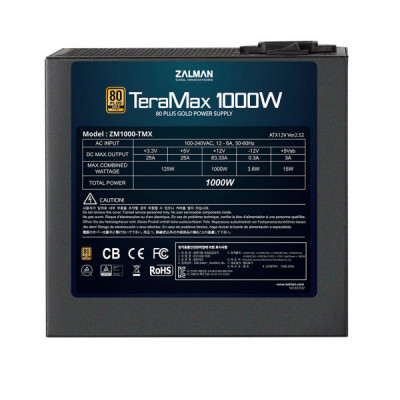 Блок живлення Zalman Блок живлення Zalman TERAMAX (1000W) >90, 80+ Gold, 120mm, 1xMB 24pin(20+4)+10pin, 2xCP (ZM1000-TMX)