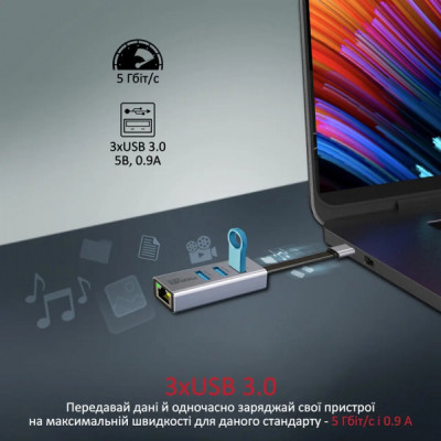 Концентратор Promate USB Hub 4 ports gigahub-c.grey (gigahub-c.grey)