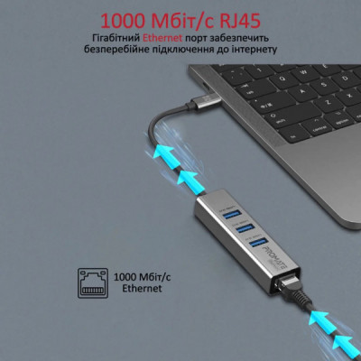 Концентратор Promate USB Hub 4 ports gigahub-c.grey (gigahub-c.grey)
