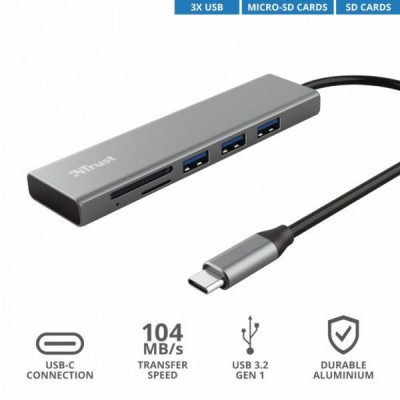 Концентратор Trust HALYX FAST 3USB+CARD READER USB-C ALUMINIUM (24191_TRUST)