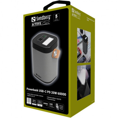 Батарея універсальна Sandberg 60000mAh, PD/20W, QC/3.0, USB-C, USB-A*2(22.5W total), flashlight 3W (420-71)