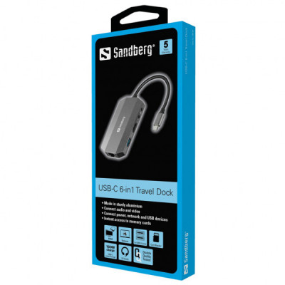 Концентратор Sandberg USB3.1 Type-C to HDMI/USB 3.0x2/RJ45/SD/TF/PD 100W 6in1 (136-33)