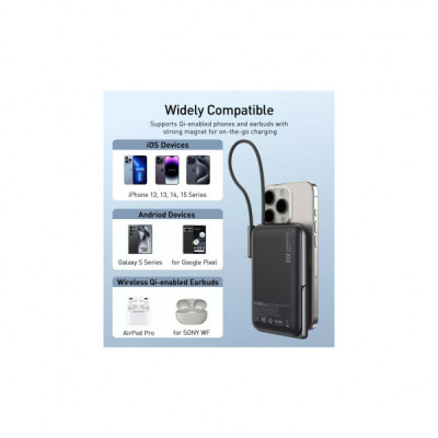 Батарея універсальна Choetech Magnetic Wireless 10000mAh 20W, PD, Qi-15W, USB-C In/Out, build-in cabel, Black (B735-CCBK)
