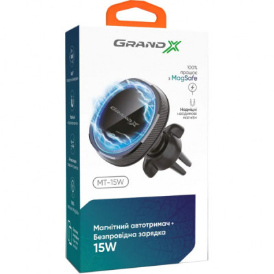 Універсальний автотримач Grand-X MT-15W MagSafe з зарядкою 15W (кріплення на дефлектор) (MT-15W)