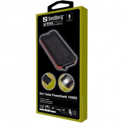 Батарея універсальна Sandberg 10000 mAh, Solar:5V/250mA, power-through, IP54, flashlight (420-72)