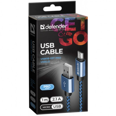 Дата кабель USB 2.0 AM to Micro 5P 1.0m USB08-03T blue Defender (87805)