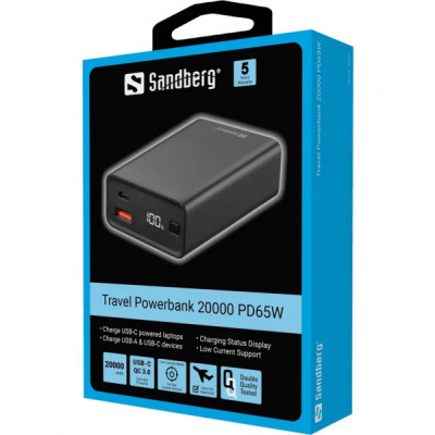 Батарея універсальна Sandberg 20000mAh, PD/65W, QC/3.0, low carrent mode, +cable 100W (420-95)