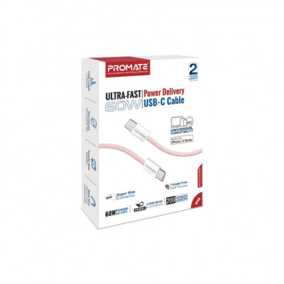 Дата кабель USB-C to USB-C ecoline-cc200.pink Promate (ecoline-cc200.pink)