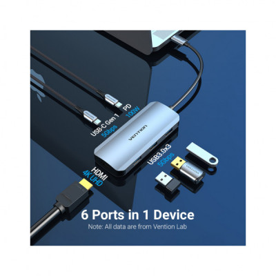 Концентратор Vention USB3.1 Type-C --> HDMI/USB-C Gen 1/USB 3.0x3/PD 100W Hub 6-i (TOFHB)