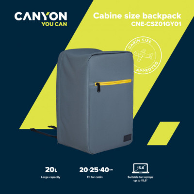 Рюкзак для ноутбука Canyon 15.6" CSZ01 Cabin size backpack, Gray (CNE-CSZ01GY01)