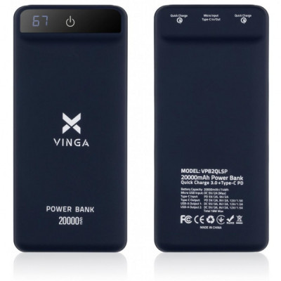 Батарея універсальна Vinga 20000 mAh QC3.0 Display soft touch purple (VPB2QLSP)