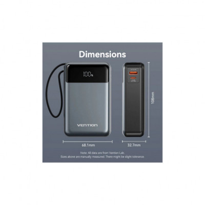 Батарея універсальна Vention 20000mAh 65W 3A PD, QC/3.0, USB-A, Type-C OUT, with Built-in USB-C Cable, LED Display (FHYB0)