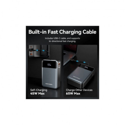 Батарея універсальна Vention 20000mAh 65W 3A PD, QC/3.0, USB-A, Type-C OUT, with Built-in USB-C Cable, LED Display (FHYB0)
