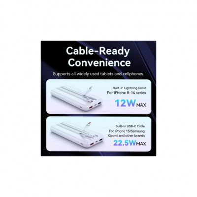 Батарея універсальна Vention 10000mAh 22.5W 3A PD, Built-in USB-C+Lightning Cables, White (FHOW0)