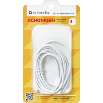 Дата кабель USB 2.0 AM to Lightning 3.0m ACH01-10BH white Defender (87466)