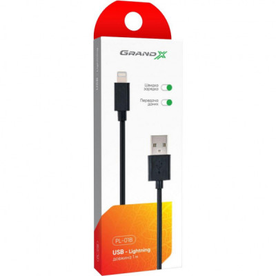 Дата кабель USB 2.0 AM to Lightning 1.0m Cu, 2.1А, Black Grand-X (PL01B)