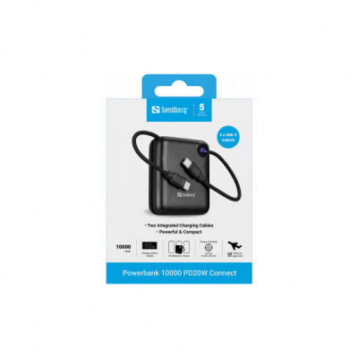 Батарея універсальна Sandberg 10000mAh PD/3.1/20W, QC/3.0, USB-C In/Out, with 2 cables USB-C (421-26)