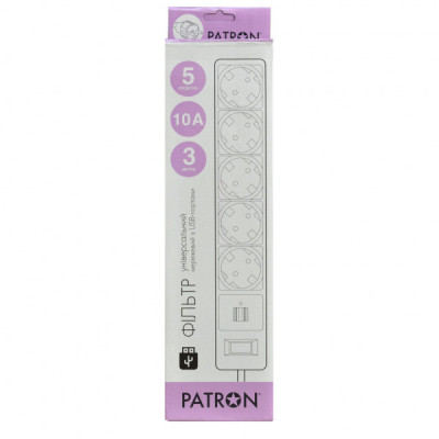 Мережевий фільтр живлення Patron 3m (SP-53) + 2 USB 2.0, 2.1A , 5 роз. BLACK (EXT-PN-SP-53-USB)