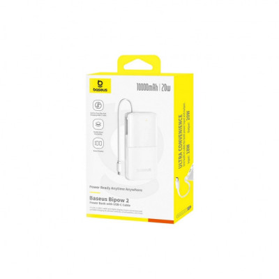 Батарея універсальна Baseus Bipow 2 Digital Display 10000mAh 20W with Built-in USB-C Cable White (P10077101213-00)