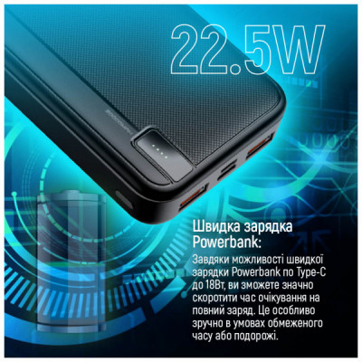 Батарея універсальна ColorWay 20 000 mAh PD/22.5W, QC/3.0, black (CW-PB200LPA4BK-PD)
